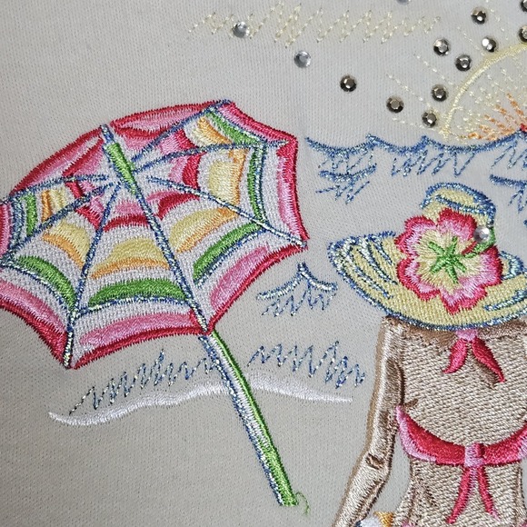 Quacker Factory Beach Scene Embroidered Top L Rhinestone 3/4 Sleeve Women's Top - Picture 6 of 6